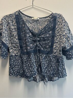 American Eagle Outfitters Navy Paisley & Floral Lace Peasant Top